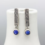 Round Lapis lazuli earrings and silver bar with textured on sterling silver stud style