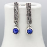 Round Lapis lazuli earrings and silver bar with textured on sterling silver stud style