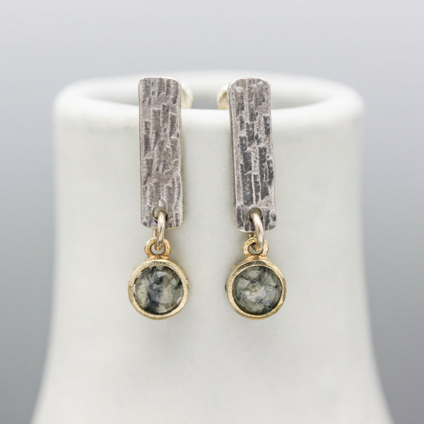 Round agate earrings and silver bar with textured on sterling silver stud style