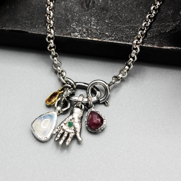 Sterling silver bracelet with Emerald in silver hand shape with Ruby, Moonstone and yellow sapphire gemstone