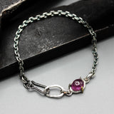 Bracelet rectangle Siamese pink sapphire with oxidized sterling silver chain