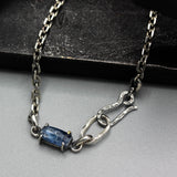Bracelet rectangle faceted blue kyanite with oxidized sterling silver chain