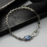 Bracelet rectangle faceted blue kyanite with oxidized sterling silver chain
