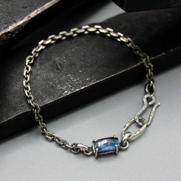 Bracelet rectangle faceted blue kyanite with oxidized sterling silver chain