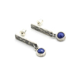 Round Lapis lazuli earrings and silver bar with textured on sterling silver stud style