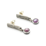 Round pink sapphire earrings and silver bar with textured on sterling silver stud style