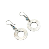 Round paraiba kyanite earrings in silver bezel setting with silver brushed texture circle loop on hooks style