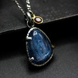 Natural Blue kyanite gemstone pendant necklace with sapphire on oxidized sterling silver chain