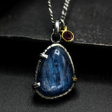 Natural Blue kyanite gemstone pendant necklace with sapphire on oxidized sterling silver chain