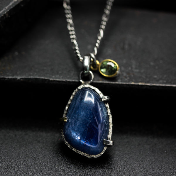 Cabochon blue kyanite gemstone pendant necklace with sapphire on oxidized sterling silver chain