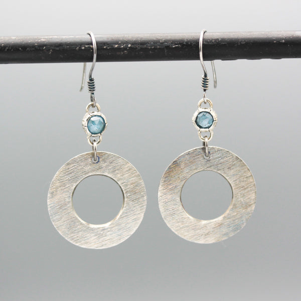 Round paraiba kyanite earrings in silver bezel setting with silver brushed texture circle loop on hooks style