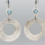 Round paraiba kyanite earrings in silver bezel setting with silver brushed texture circle loop on hooks style