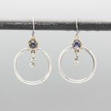 Earrings round amethyst in brass bezel setting with silver circle loop and silver beads on silver hooks style