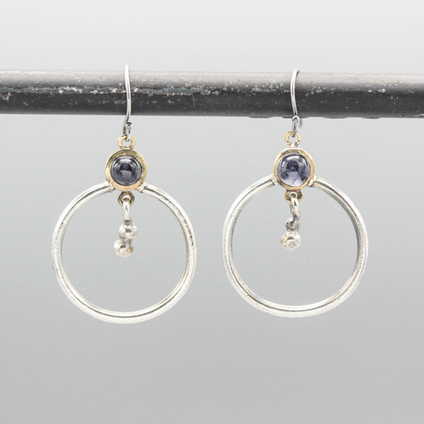 Earrings round amethyst in brass bezel setting with silver circle loop and silver beads on silver hooks style