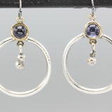 Earrings round amethyst in brass bezel setting with silver circle loop and silver beads on silver hooks style