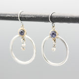 Earrings round amethyst in brass bezel setting with silver circle loop and silver beads on silver hooks style