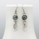 Round faceted green Agate earrings in bezel setting with silver leaf and oxidized sterling silver hooks