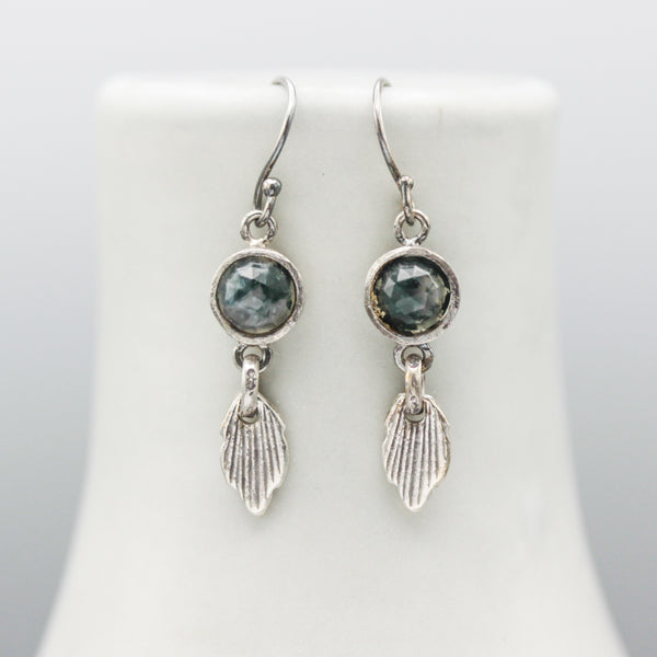 Round faceted green Agate earrings in bezel setting with silver leaf and oxidized sterling silver hooks