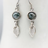 Round faceted green Agate earrings in bezel setting with silver leaf and oxidized sterling silver hooks