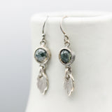 Round faceted green Agate earrings in bezel setting with silver leaf and oxidized sterling silver hooks