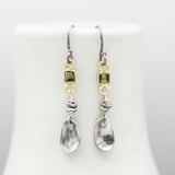 Square dark green tourmaline earrings in bezel setting with silver leaf on sterling silver hooks style