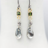 Square dark green tourmaline earrings in bezel setting with silver leaf on sterling silver hooks style