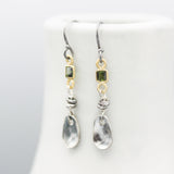 Square dark green tourmaline earrings in bezel setting with silver leaf on sterling silver hooks style