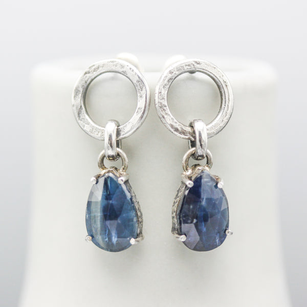 Teardrop Blue Kyanite earrings with circle silver loops and sterling silver stud style