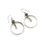 Earrings round amethyst in brass bezel setting with silver circle loop and silver beads on silver hooks style