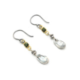 Square dark green tourmaline earrings in bezel setting with silver leaf on sterling silver hooks style