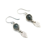 Round faceted green Agate earrings in bezel setting with silver leaf and oxidized sterling silver hooks