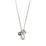 Three princess necklace Moonstone, Pink sapphire and multi green sapphire gemstone pendant in silver bezel setting