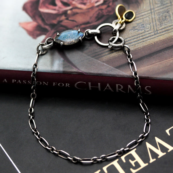 Marquise faceted Labradorite bracelet in silver bezel and prongs setting on sterling silver oxidized chain