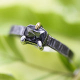 Rectangle faceted grey spinel ring in silver bezel and prongs setting with sterling silver texture band