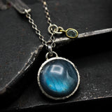 Round cabochon Labradorite pendant necklace in silver bezel setting with green multi sapphire gemstone