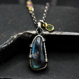 Tiny natural Labradorite pendant necklace in silver bezel setting with green multi sapphire gemstone