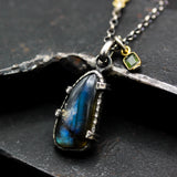 Tiny natural Labradorite pendant necklace in silver bezel setting with green multi sapphire gemstone