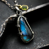 Tiny natural Labradorite pendant necklace in silver bezel setting with green multi sapphire gemstone