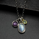 Three princess necklace Moonstone, Pink sapphire and multi green sapphire gemstone pendant in silver bezel setting