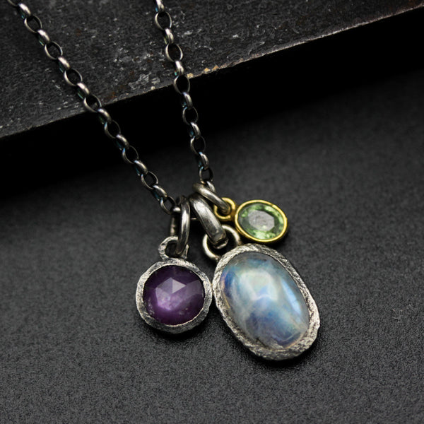 Three princess necklace Moonstone, Pink sapphire and multi green sapphire gemstone pendant in silver bezel setting