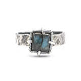 Mystical Square Labradorite Ring  Sterling Silver Hammered Band