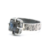 Mystical Square Labradorite Ring  Sterling Silver Hammered Band