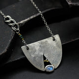 Sterling silver semi oval shape pendant necklace with moonstone gemstone on sterling silver chain