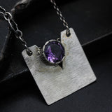 Sterling silver square shape pendant necklace with round Amethyst on sterling silver chain