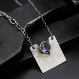 Sterling silver square shape pendant necklace with round Amethyst on sterling silver chain