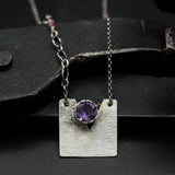 Sterling silver square shape pendant necklace with round Amethyst on sterling silver chain