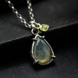 Labradorite pendant necklace in silver bezel and prongs setting with square green tourmaline gemstone