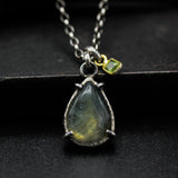 Labradorite pendant necklace in silver bezel and prongs setting with square green tourmaline gemstone