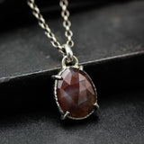 Oval faceted Moss agate pendant necklace in silver bezel and prongs setting with sterling silver chain