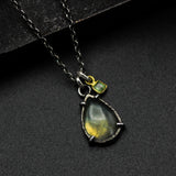 Labradorite pendant necklace in silver bezel and prongs setting with square green tourmaline gemstone